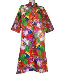 Vintage Saybury Caftan Dress Bright Floral Red Multicolor House Dress Korea OS